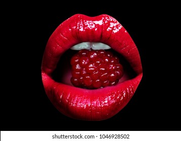 Girl Mouth Eating Raspberry Closeup On Black Background. Sexy Open Mouth With Red Lipstick, White Teeth. Delicious Food, Raspberry Berry. Diet And Vitamins, Red Berry. Seductive Girl, Shiny Lip Gloss