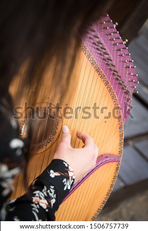 Girl musician plays a bandura, a Ukrainian musical instrument