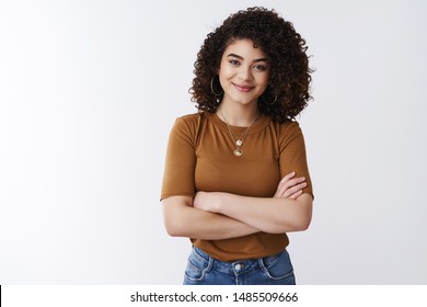 Girl Not Scared Challenging Tasks. Successful Happy Confident Good-looking Curly-haired Customer Service Manager Woman Cross Arms Chest Smile Assertive Self-assured Feel Empowered Relaxed