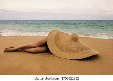 Girl On The Beach, Big Hat On The Ocean