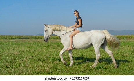 Girl On Beautiful White Horse Bareback Riding On Grass Field