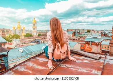 A Girl On The Roof With The Panoramic View Of Saint Petersburg