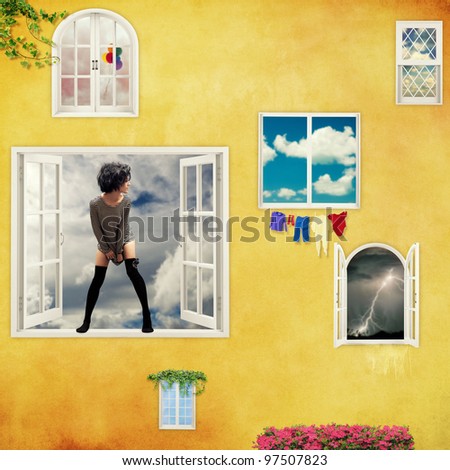 Girl on the window in surreal house wall with many windows. Digitally generated image./Windows