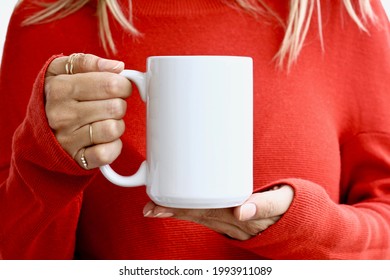 Girl In Orange Sweater Holding Blank Large White Coffee Mug , White Ceramic 15 Oz Mug Mock Up
