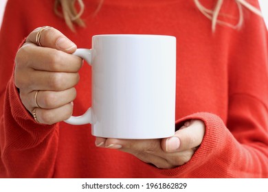 Girl In Orange Sweater Holding White Coffee Mug , White Porcelain Mug Mock Up. 11 Oz
