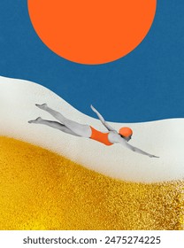 Girl orange swimsuit and cap swimming into wave of lager beer against abstract sun and sky background. Contemporary art collage. Concept of summer, vacation, relaxation. Retro style. Creative design