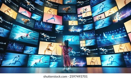 Girl in pajamas engaging with immersive holographic sports screens displaying futuristic athletes. Concept of e-sports, innovation ,modern technologies. programming. Collage made with 8 models