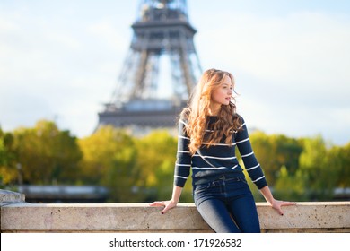 Girl In Paris On A Sunny Spring Or Fall Day