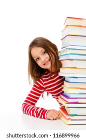 Girl Peeking Behind Pile Of Books On White Background