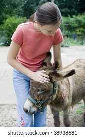 Girl Petting Miniature Donkey