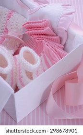 Its A Girl Pink Theme Baby Shower Gift Box With Baby Clothes, Bib, Bonnet, Booties, Pacifier And Socks. 