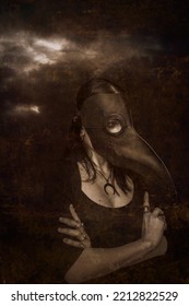 Girl In Plague Doctor Mask Over Dramatic Sky