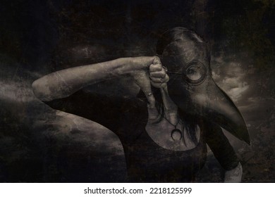 Girl In Plague Doctor Mask Showing Thumbs Down Over Dramatic Sky