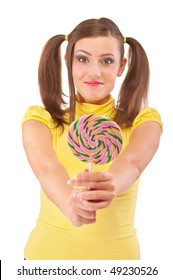 Girl With Plaits Holds Lolipop, Isolated On White Background.