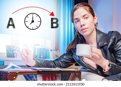 Girl is planning solution to problem. Concept solving problem while working. Woman is pondering solution to work problem. Freelancer with glass of coffee. Arrow from A to B as symbol of tasks solving
