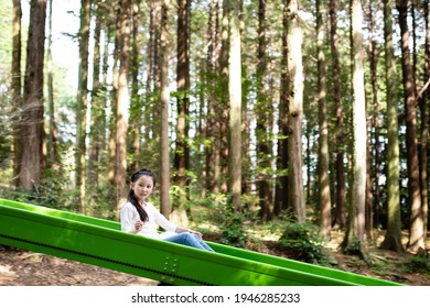 Girl Playing On The Slide In The Park