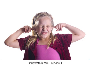 Girl Plugging Her Ears And Closing Her Eyes.