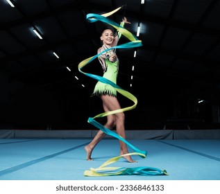 Girl, portrait and gymnast with ribbon for practice during competition with creative exercise. Dancer, happy and gymnastics string for sports with woman for training with energy for healthy body. - Powered by Shutterstock