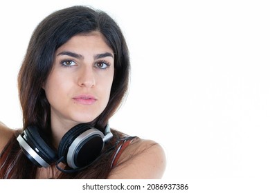 Girl Portrait With Music Headphones Pretty Young Woman Looking Camera Poses Against White Background