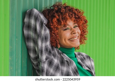 Girl Portrait On Street Green Wall Smiling