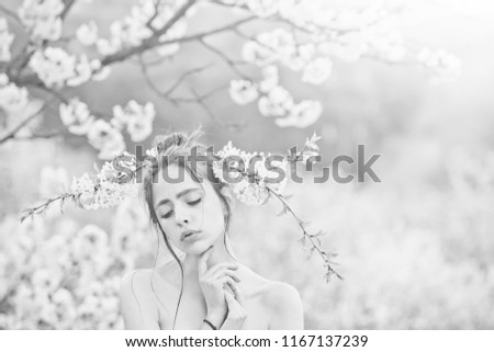 Similar – Woman posing in field of white flowers