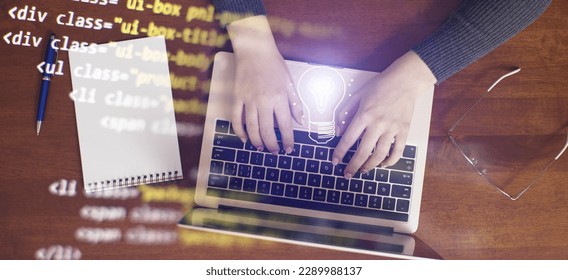 girl programmer at home writes programming code script on virtual screen  