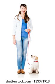 Girl With A Puppy Dog On A Leash - Isolated Over A White Background