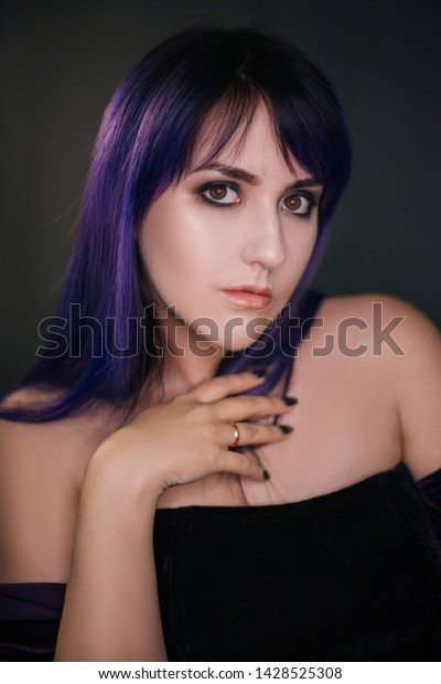 Girl Purple Hair On Dark Background Stock Photo Edit Now 1428525308