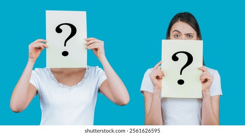 Girl with question mark. Anonymous woman, peeking behind of interrogation symbol, anonymous, incognita. Paper notes with question marks. - Powered by Shutterstock