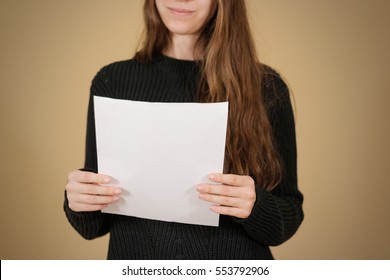 Girl Reading Blank White A4 Flyer Brochure Booklet. Leaflet Presentation. Pamphlet Hold Hands. Woman Show Clear Offset Paper. Sheet Template.