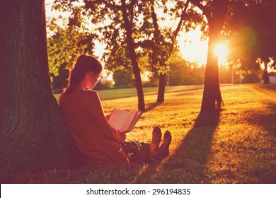 Girl Reading Book At Park In Summer Sunset Light