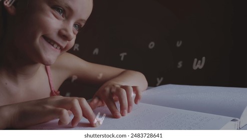 A girl is reading a braille book in a classroom. Global online connection and digital interface concept digitally generated image.