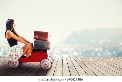 Girl Ready To Travel With A Small Car Full Of Baggages