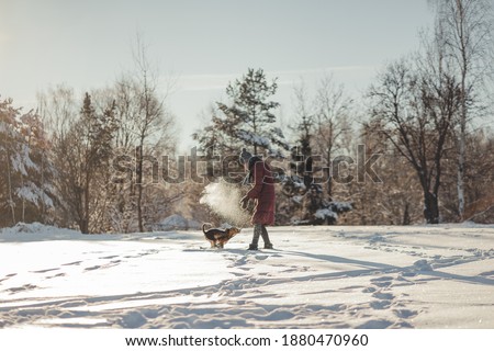 Girl in a red down jacket on walk with purebred beagle puppy in winter park. Woman and dog in forest. Girl runs and plays in the snow with pet. Winter sunny landscape. Stylish toning and soft focus.