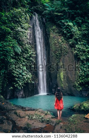 Girl Red Dress Bangkiang Djaran Waterfall  Stock Photo 