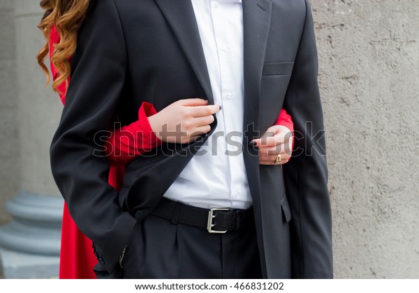 red dress shirt black suit