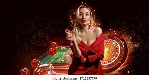 Girl in red dress. Showing chips, posing on dark background. Roulette, playing table with stacks of colorful chips on it, flying dices. Poker, casino