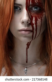 Girl With Red Hair, Bloody Face, A Chain With A Cross, Blue Eyes, Vampire, Murderer, Psycho, Halloween Theme, Studio Shot, Bloody Woman