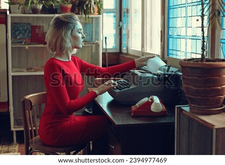girl in red retro typewriter office 70s vintage phone