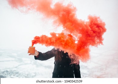 Girl With Red Smoke Bomb. Hipster Girl Send Smoke Signal. Emergency Flare Signal, Smoke Signal