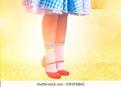 Girl With Red Sparkly Shoes And Squares Blue Dress