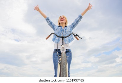 Girl Relaxed And Free Sit On Bike. Bicycling Hobby And Best Way To Relax And Reduce Stress. Everyday Bicycling Make You Happier. Woman Enjoy Freedom While Riding. Top Mental Benefits Of Cycling.