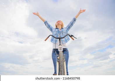 Girl Relaxed And Free Sit On Bike. Bicycling Hobby And Best Way To Relax And Reduce Stress. Everyday Bicycling Make You Happier. Top Mental Benefits Of Cycling. Woman Enjoy Freedom While Riding.