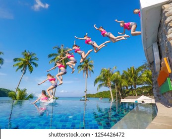 The girl is relaxing in the pool at the sea.Sea in summer.Relaxing on the beach.Slow motion.jumping.Slow motion jumping.
