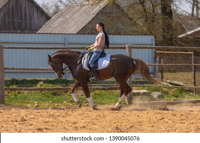 Girl Riding Horse Gallops Paddock On Stock Photo (Edit Now) 1390045076