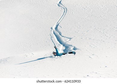 Girl Is Riding With Snowboard From Powder Snow Hill And Fall Down