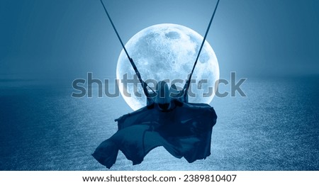 The girl riding a swing on the beach on a super full moon at night 