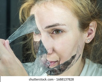 Girl Rips Off Black Thin Transparent Mask To Clean Pores