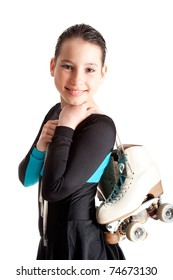 girl with roller skates isolated on white background