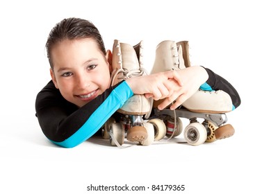 girl with roller skates isolated on white background